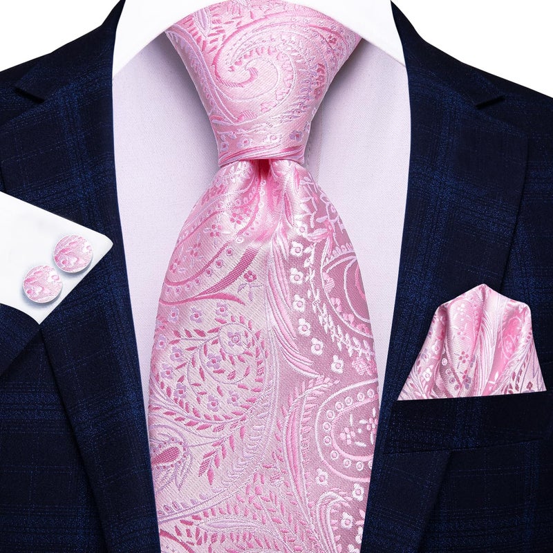 Hi-Tie Silk Paisley Ties for Men Necktie Pocket Square Cufflinks Set Foral Tie Sets Formal Business,Pink - Image 3